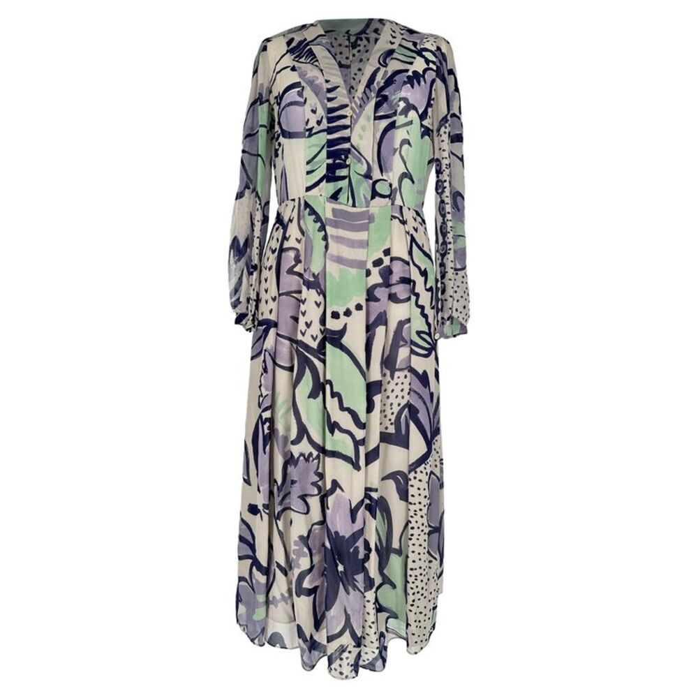 Burberry Prorsum Printed Long Sleeve Midi Dress in Multicolor Silk